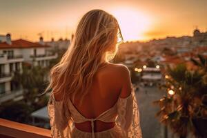 Back beautiful slim chic girl with blond hair in golden hour against the background of resort destination on terrace. . photo