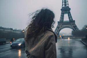 Once in Paris. Back of woman in rain weather against Eiffel tower. . photo