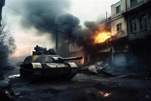 City war battlefield background with tank and fire destructed buildings. . photo