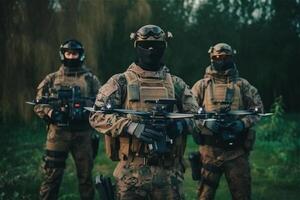 Portrait of three soldier hold drones at hands. . photo