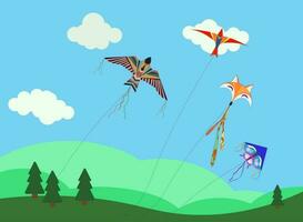 Cartoon kites. Wind flying toy with ribbon and tail for kids. Makar Sankranti. Butterfly, fox, eagle kite shape and design, vector set. Illustration wind kite game, summer flying toy