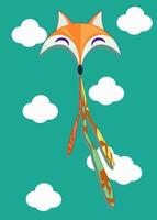 Wind air kite of cute fox animal shape. Kids flying floating paper toy design, Entertainment object with chord tail, Flat vector illustration isolated on white background.