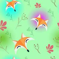 Cute fox seamless pattern, wolf hand drawn forest background with flowers and dots, vector illustration