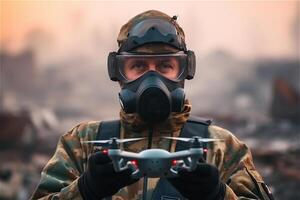 Portrait of soldier in gas mask hold drone at hands. . photo