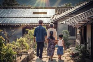 posterior ver de asiático familia caminando en pueblo en frente casa con solar paneles generativo ai. foto