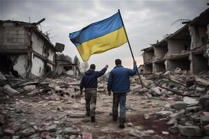 Back of two men with Ukrainian flags on liberated ruins city. War in Ukraine, victory concept. . photo