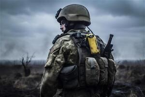 Back of soldier. Special forces war operation. . photo