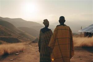 Rear view of adult african couple in traditional clothes front solar panels. . photo