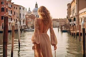 Back beautiful slim chic girl with long blond hair in golden hour against the background Venice canal . photo