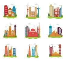 Vector illustrations of flat style cartoon architecture with different types of buildings set