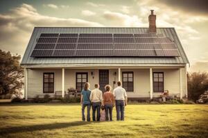 Rear view of family in front house with solar panels. . photo