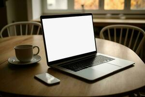 Laptop computer with opened lid on table in home office workspace photo