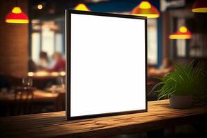 Mockup label, blank menu frame in Bar restaurant. Stand for booklets with white sheets paper on wooden table cafeteria photo