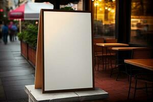 Mockup label, blank menu frame in Bar restaurant. Stand for booklets with white sheets paper on wooden table cafeteria photo