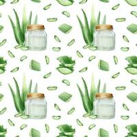 Aloe vera plant, slices, pulp, aloe leaves and a glass jar with aloe juice. Watercolor seamless pattern on a white background. For packaging cosmetics, scrapbooking, wrapping paper vector