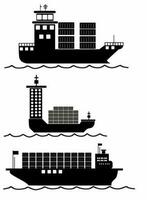 Vector set black silhouettes of different ships, logos, icons