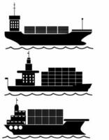 Vector set black silhouettes of different ships, logos, icons