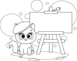 Coloring page. Cute artist kitten with easel and paint brush vector