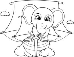 Coloring page. Cheerful elephant on a sailboat floats in the clouds vector