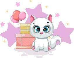 Cartoon cheerful kitten with gifts and balloons vector