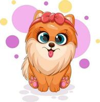 Cute cartoon dog, pomeranian spitz with bow-knot, funny card vector