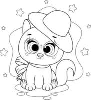 Coloring page. Cute stylish kitty with big hat and bow vector