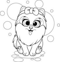 Coloring page. Cute cartoon dog, pomeranian spitz with bow-knot vector