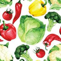 watercolor drawing. seamless pattern with vegetables. cabbage, peppers, tomatoes, cauliflower, broccoli on a white background vector