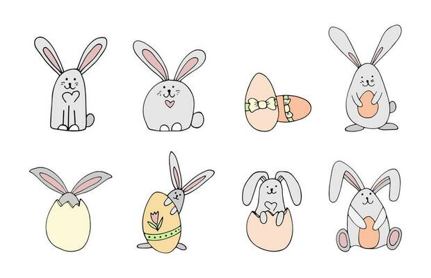 Set hand drawn easter rabbit with eggs. Color doodle vector illustration