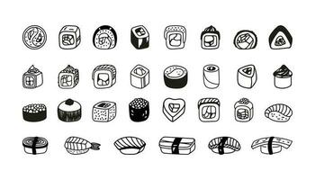 Japanese sushi roll set in hand drawn doodle style. Asian food for restaurants menu vector