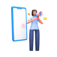 3D Render of Young Woman Announcing From Megaphone With Smartphone, Light Bulb, Chat Box On White Background. png