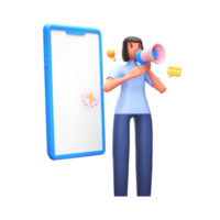 3d render do jovem mulher anunciando a partir de megafone com Smartphone, luz lâmpada, bate-papo caixa em branco fundo. png