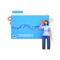 3D Render of Business Woman Searching And Presenting Statistic Chart On White Background. png