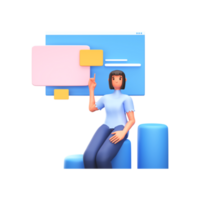 3D Render of Young Woman Sitting At Bar Graph And Websites On White Bakground. png