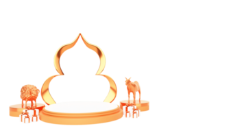 3D Render of Golden Mosque Arch With Goat, Sheep, Gift Boxes And Empty Podium Against White Background. png