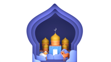 azul papel capa cortar antecedentes con 3d mezquita ilustración, oveja, cabra ilustración y Copiar espacio para islámico festival concepto. png