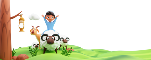 3D Illustration of Islamic Young Boy Sitting At Cartoon Sheep With Goat, Arabic Lantern Hanging Tree And Copy Space. png