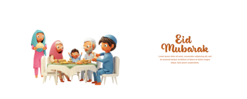 Eid Mubarak Celebration Banner Or Header Design With 3D Style Islamic Family Enjoying Delicious Foods At Dining Table. png