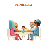 3d islamisch Familie haben Mahlzeit beim Essen Tabelle zum eid Mubarak Konzept. png