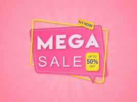 Up To 50 Discount Offer for Mega Sale Sticker or Label on Pink Rays Halftone Effect Background. vector