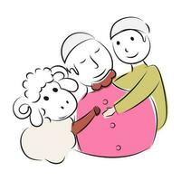 plano estilo musulmán hombre con su hijo y animal oveja personaje en blanco antecedentes. lata ser usado como saludo tarjeta diseño. vector