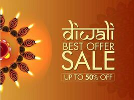 Diwali Sale banner or poster design with 50 discount offer and top view of rangoli decorated by illuminated oil lamp on brown background. vector