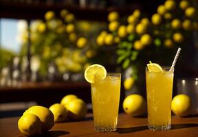 Refreshing lemonade with fresh lemons on a wooden table, photo