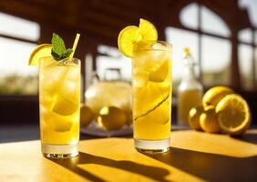 Lemonade with lemon and mint in a glass on a table in a restaurant, photo