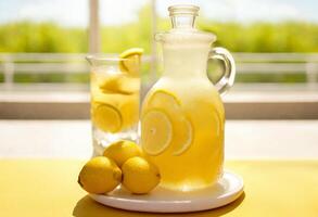 Refreshing lemonade with fresh lemons in a glass jar on a yellow table, photo