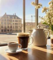 Coffee cup on a wooden table, stock photo overlooking the city,