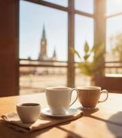 Coffee cup on a wooden table, stock photo overlooking the city,