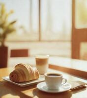 Coffee cup with croissant on a wooden table in a coffee shop, stock photo, photo