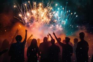 Group of people in silhouette cheering in the background. photo