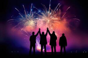 Group of people in silhouette cheering in the background. photo